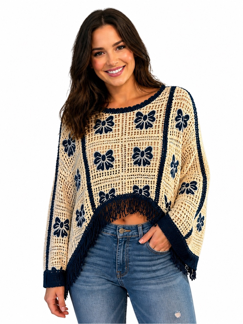 House of Harlow 1960 Cream Crochet Fringe Sweater with Blue Bow Motifs